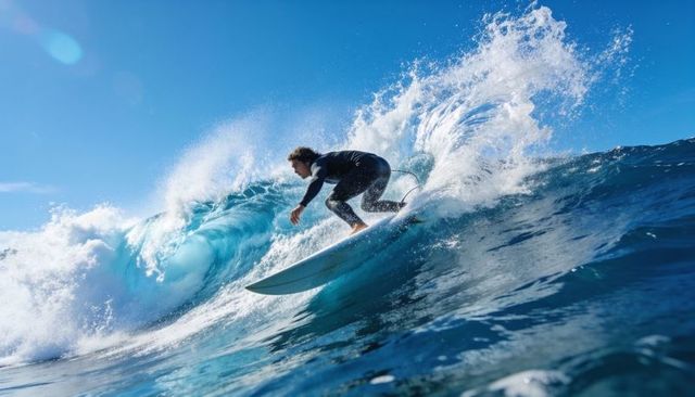 High-speed surfer carving turquoise wave on shortboard wearing full wetsuit, ocean spray