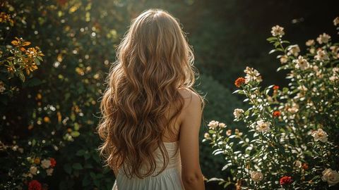 Elegant beautiful lady in white dress admiring blooming garden