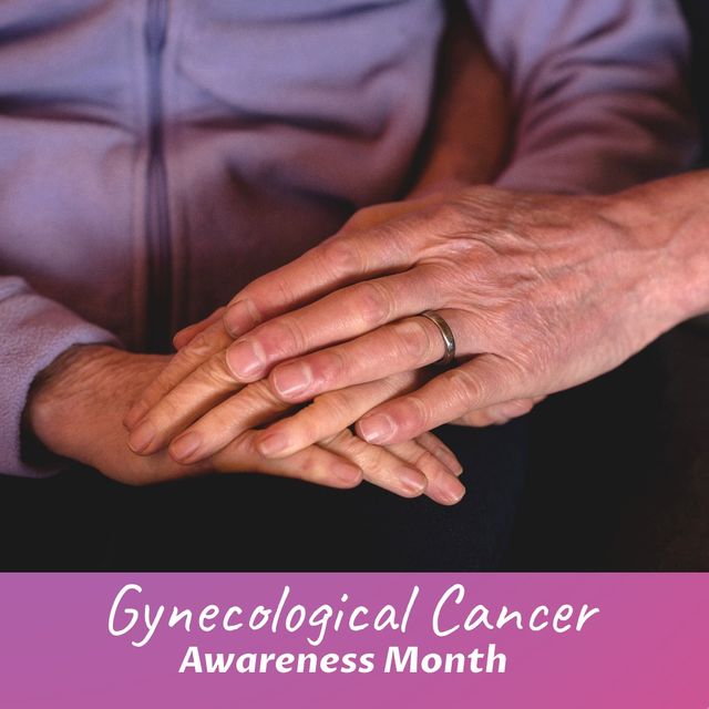 Composite of cropped hands of senior couple and gynecological cancer awareness month text. Love, togetherness, cervical cancer, awareness, support, healthcare and prevention concept.