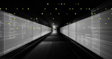 Leading digital corridor converging to bright vanishing point with streaming code panels
