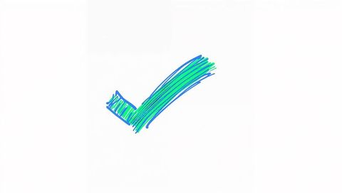 Hand-drawn green and blue scribbled check mark marker tick on clean white background