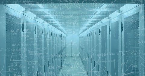 Digital Interface with Mathematical Overlay on Server Room - Download Free Stock Images Pikwizard.com
