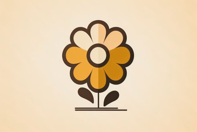 Illustration of a cartoony flower featuring retro color palette with brown and yellow tones on beige background. Ideal for use in graphic design projects, vintage-inspired themes, greeting cards, posters, and educational materials aimed at teaching basic shapes and colors.