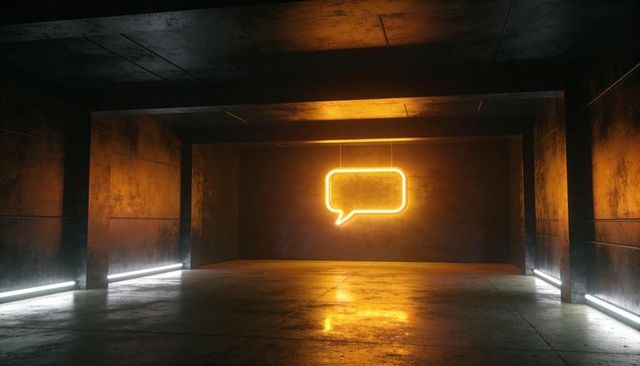 Glowing Neon Speech Bubble Hanging in Industrial Concrete Chamber, Ambient Tech Concept