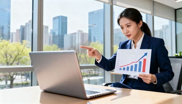 Businesswoman presenting upward growth chart during virtual meeting in modern office