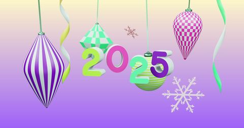 Colorful 2025 with Festive Ornaments on Gradient Background