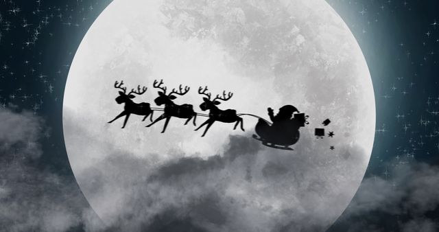 Silhouette of Santa Claus Sleigh and Reindeers Against Night Full Moon - Download Free Stock Images Pikwizard.com