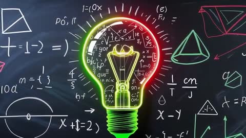 Neon Light Bulb Illuminating Mathematical Equations and Geometric Shapes