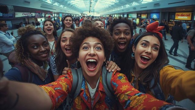 Diverse Group of Travelers Taking a Selfie at Busy Airport
