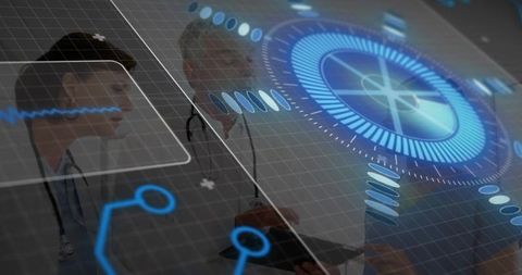 Medical Professionals Interact with Futuristic Digital Interface Display