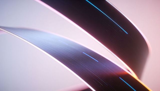 Curving glossy ribbons with neon rim lights sweeping pastel gradient futuristic abstract
