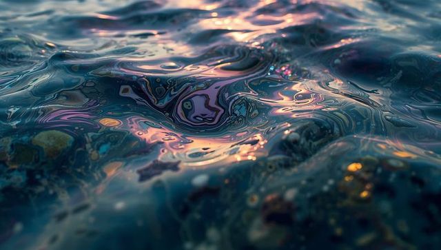Glittering iridescent water rippling at sunset closeup with prismatic reflections