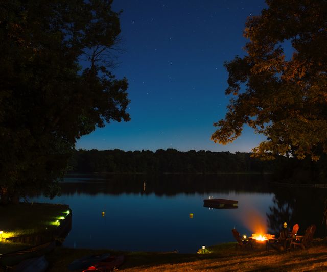 Night Campfire by Tranquil Lake with Starry Sky - Download Free Stock Photos Pikwizard.com