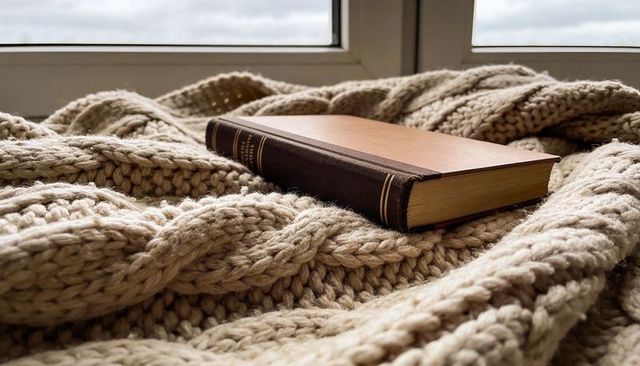 Vintage hardcover book resting on chunky cream cable-knit blanket near window