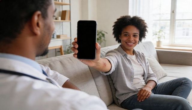 Smiling woman holding smartphone toward doctor during at-home telehealth consultation