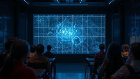 Team meeting analyzing digital map with advanced visualization