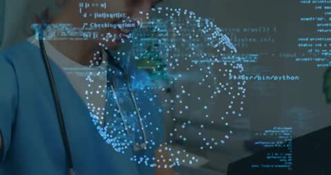 Doctor Interacting with Holographic Code Sphere in Futuristic Vision