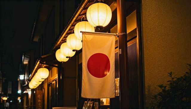 Vertical japanese flag fluttering in lantern-lit narrow alley, traditional wooden shopfronts
