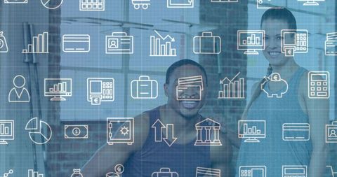 Smiling fitness instructors standing in gym with business icons overlay for teamwork