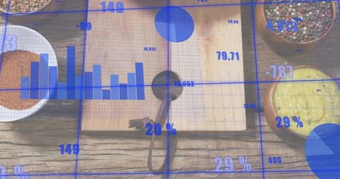 Rustic kitchen flatlay showing cutting board, spoon and spice bowls with blue data overlay