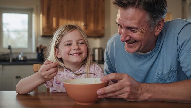 Smiling father and daughter eating breakfast at kitchen table sharing morning bond