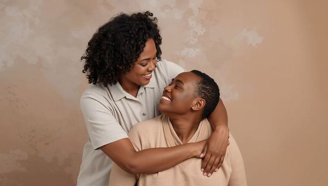 Affectionate same-sex couple embracing and smiling in warm neutral-toned intimate studio portrait
