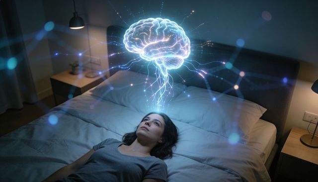 Woman lying in bed with holographic brain and glowing neural network for sleep and ai