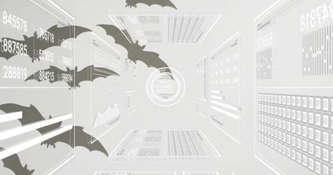 Futuristic data tunnel showing flying bat silhouettes through translucent hud panels