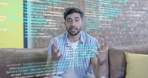 Professional Discussing Technology Concepts with Digital Interface