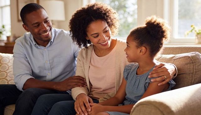 African american family sharing warm conversation on beige sofa in sunlit living room