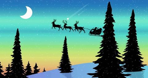 Santa soaring with reindeer sleigh over snowy pine forest under northern lights