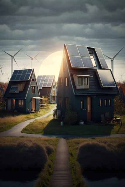 Depiction of modern sustainable homes in a rural area featuring solar panels and wind turbines at sunrise. Useful for illustrating concepts related to renewable energy, eco-friendly living, energy efficiency, sustainable development, and solar power usage. Ideal for environmental campaigns, green technology promotions, and energy conservation articles.