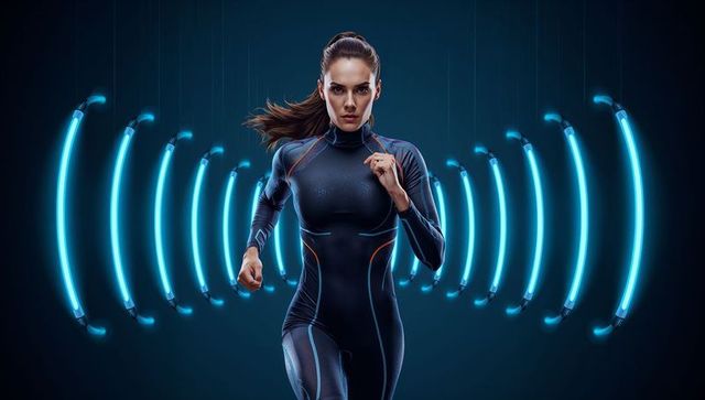 Futuristic female runner powering through neon ring tunnel in high-tech bodysuit