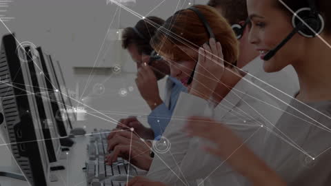 Customer Support Team Engaging on Calls with Futuristic Network Overlay