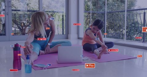 Mother and Daughter Practicing Yoga with Social Media Overlays