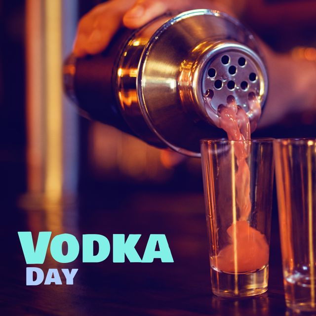 Composition of vodka day text over hand pouring drink. Vodka day and celebration concept digitally generated image.