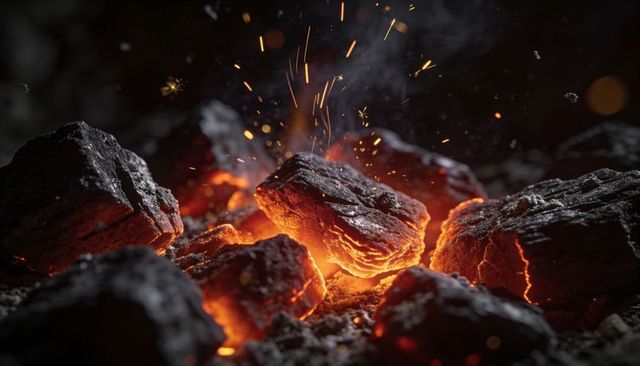 Glowing charcoal embers emitting sparks and smoke macro coal texture for grill