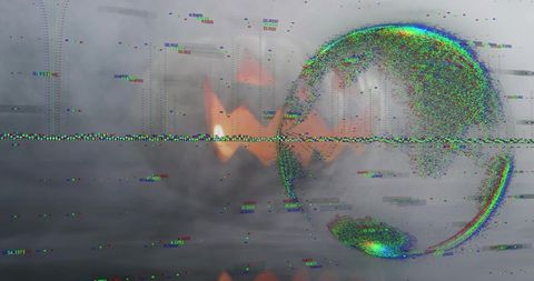 Reflecting rgb noise ring glitching over static scanline, abstract digital data distortion