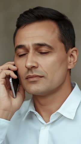 Vertical video - Businessman answering call, listening on smartphone, office portrait