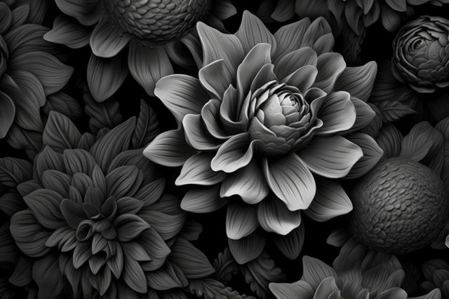 Monochrome floral background showing detailed petals and leaves in black and white. Useful for adding a touch of elegance to design projects, printable floral art, home decor, backgrounds for web or graphic design, and various artistic illustrations.