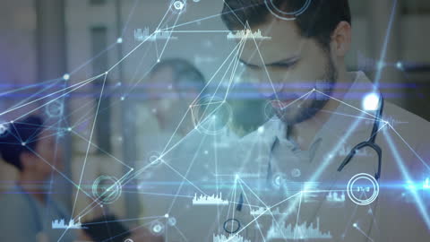 Doctor Using Tablet with Digital Network Connections