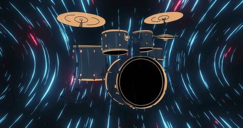Drum kit drifting through neon tunnel with futuristic motion trails and vibrant glow