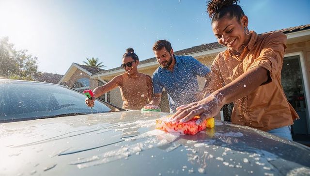Friends washing car together in sunny suburban driveway smiling adults using sponges and spray bottl
