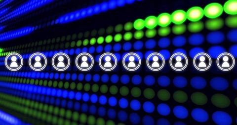 Glowing horizontal row of avatar icons on neon led dot matrix for digital networking