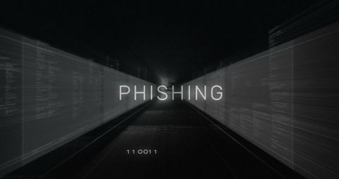 Phishing warning glowing in cyber tunnel with binary code panels and data breach concept