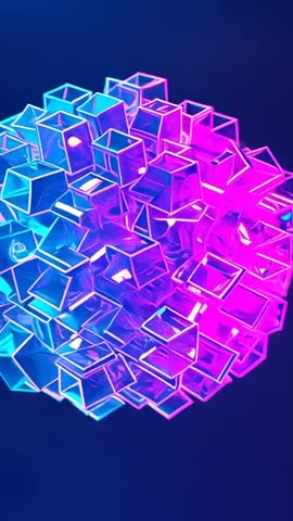 Turning Neon Cube Cluster Vertical Video, Cyan Pink Duotone Glasslike Geometric Sphere