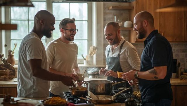 Men Cooking Together in Rustic Kitchen Sharing Laughter Around Steaming Pot Home Dinner Party