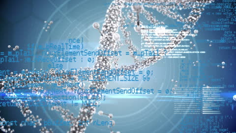 Futuristic DNA Strand with Scientific Data Overlay