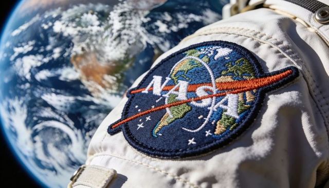 Closeup embroidered nasa insignia on white spacesuit sleeve with earth in background