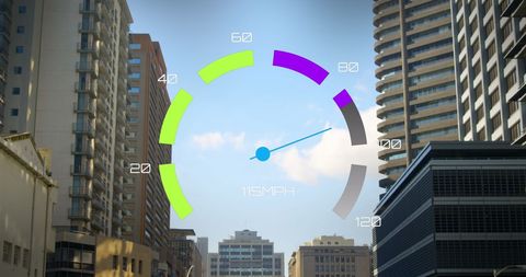 Digital overlay speedometer on urban cityscape
